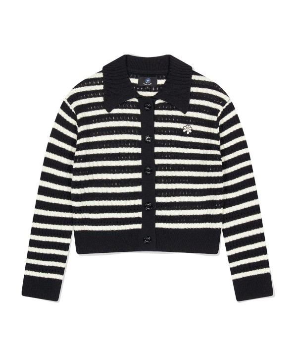 韓國直送 WHAT IT ISN'T - Women's Flory Wappen Stripe Collar Cardigan Black