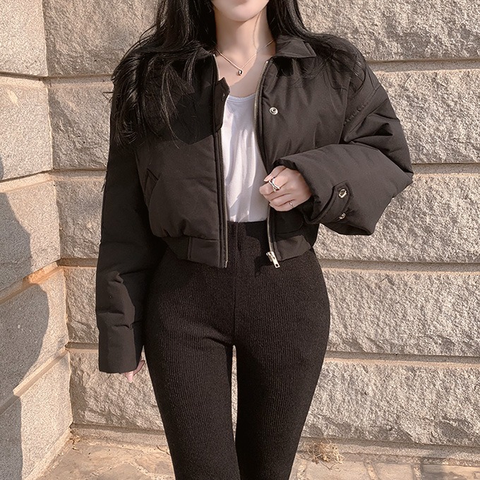 henique-리마인드 카라 비조 스냅 크롭 숏 패딩 점퍼 (블랙/카키)♡韓國女裝外套