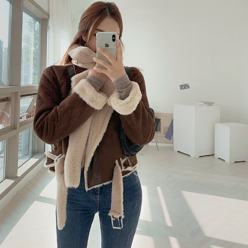 jnroh-플러버 스웨이드 하이넥 버클 무스탕 자켓(베이지,브라운,블랙)♡韓國女裝外套