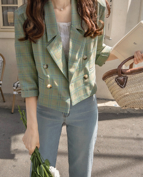 leelin-[MADE LIN 슈벤디아  싱그런체크 8부자켓[size:F(55~66)]]♡韓國女裝外套
