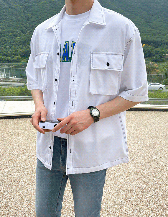 jogunshop-JOGUNSHOP - 올테론 스티치 반팔 셔츠자켓Free(95~110)♡韓國男裝上衣