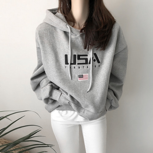 veranco-남녀공용 안감 기모 USA 후드 티셔츠 (2C) 시밀러룩♡韓國女裝上衣