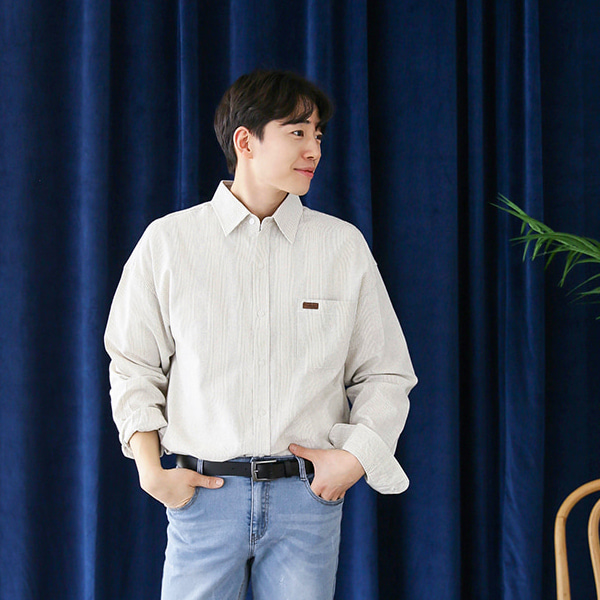 bymono-레더포인트 스트라이프 셔츠[XL,2XL,3XL]♡韓國男裝上衣