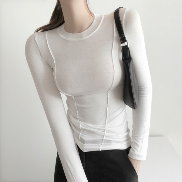veranco-유니크 밀착 슬림핏 라운드 무지 기본 긴팔 티셔츠 쫄티(3C)♡韓國女裝上衣