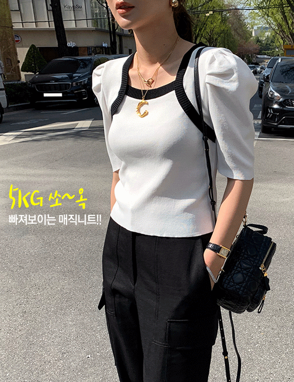 NIBBUNS-[니쁜스단독30%할인][니쁜스강력추천]배색 절개 퍼프 반소매니트♡韓國女裝上衣
