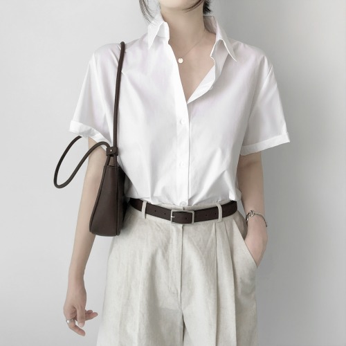 veranco-바스락 코튼 반팔 기본 무지 여름 셔츠 남방(3C)♡韓國女裝上衣