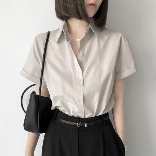 veranco-뉴 바스락 코튼 반팔 기본 무지 여름 셔츠 남방(4C)♡韓國女裝上衣