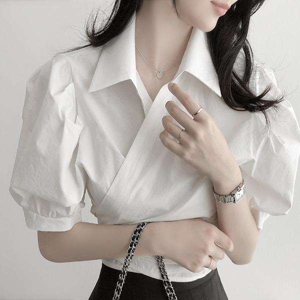 veranco-퍼프 랩 카라 여성 여름 반팔 블라우스(3C)♡韓國女裝上衣