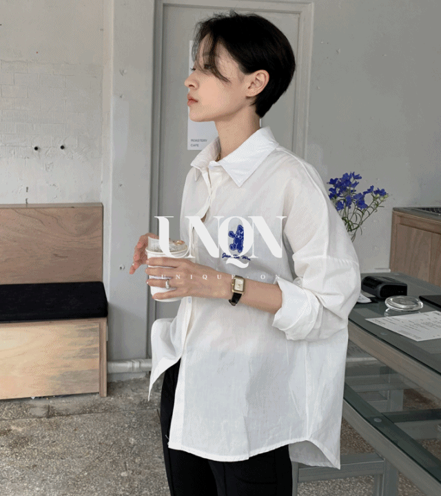 uniqueon-[갸냘핏/여리핏]베어 자수 언발 오버핏 셔츠 [C0037]♡韓國女裝上衣