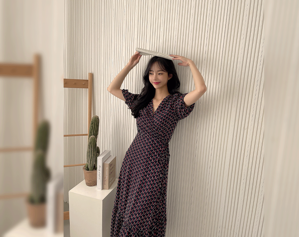 ririnco-[무료배송] 플로커딘 브이넥 랩스타일 롱 원피스♡韓國女裝連身裙
