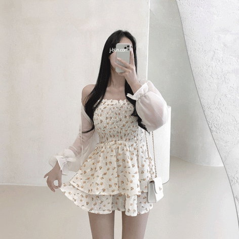 j_blin-[포인트룩,러블리하게]한니 튜브탑 플라워 원피스(가디건+원피스set)♡韓國女裝連身裙套裝
