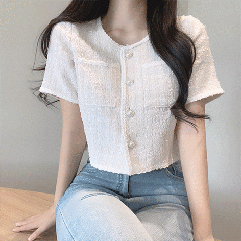 j_blin-[깔끔,하객룩]어플 진주 트위드 크롭 자켓♡韓國女裝外套