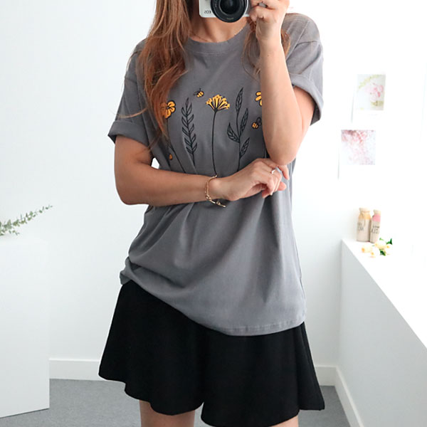 missylook-[옐로우꽃 흰색 면티 라운드 프린팅 의류 반팔 티 셔츠]♡韓國女裝上衣