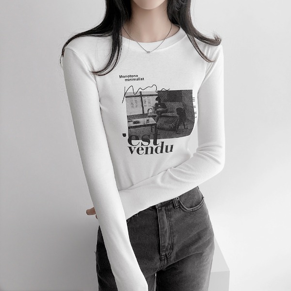 veranco-(가을신상)빈티지 프린팅 라운드 긴팔 크롭 여성 티셔츠(3C)♡韓國女裝上衣