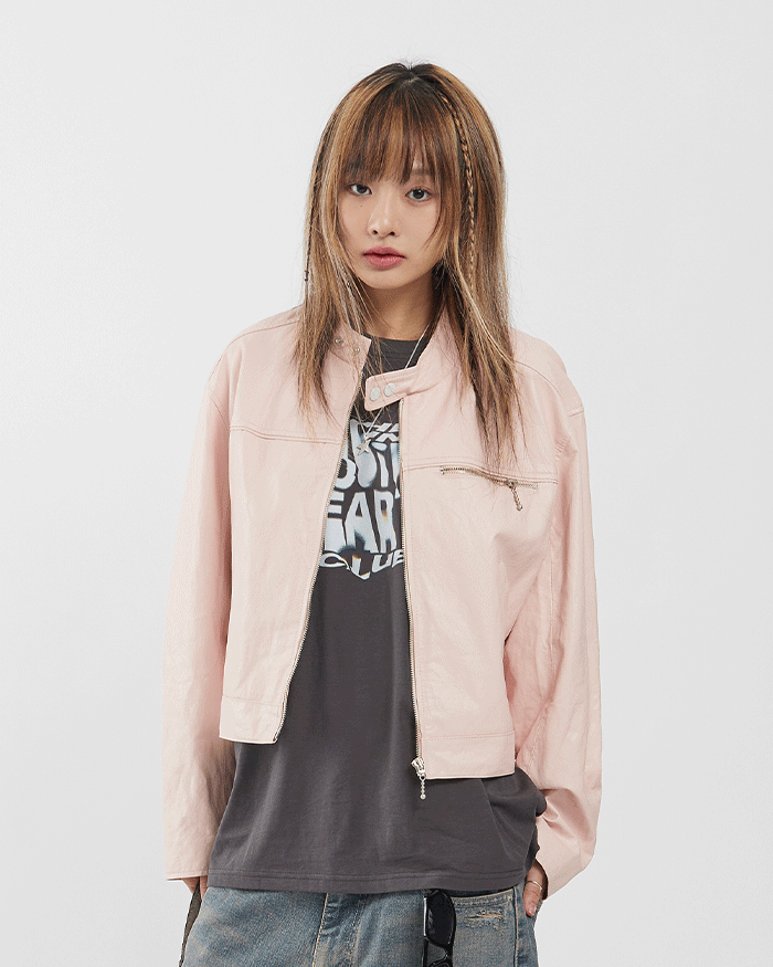 raucohouse-페리 바이커 크롭 레더 집업 자켓♡韓國女裝外套