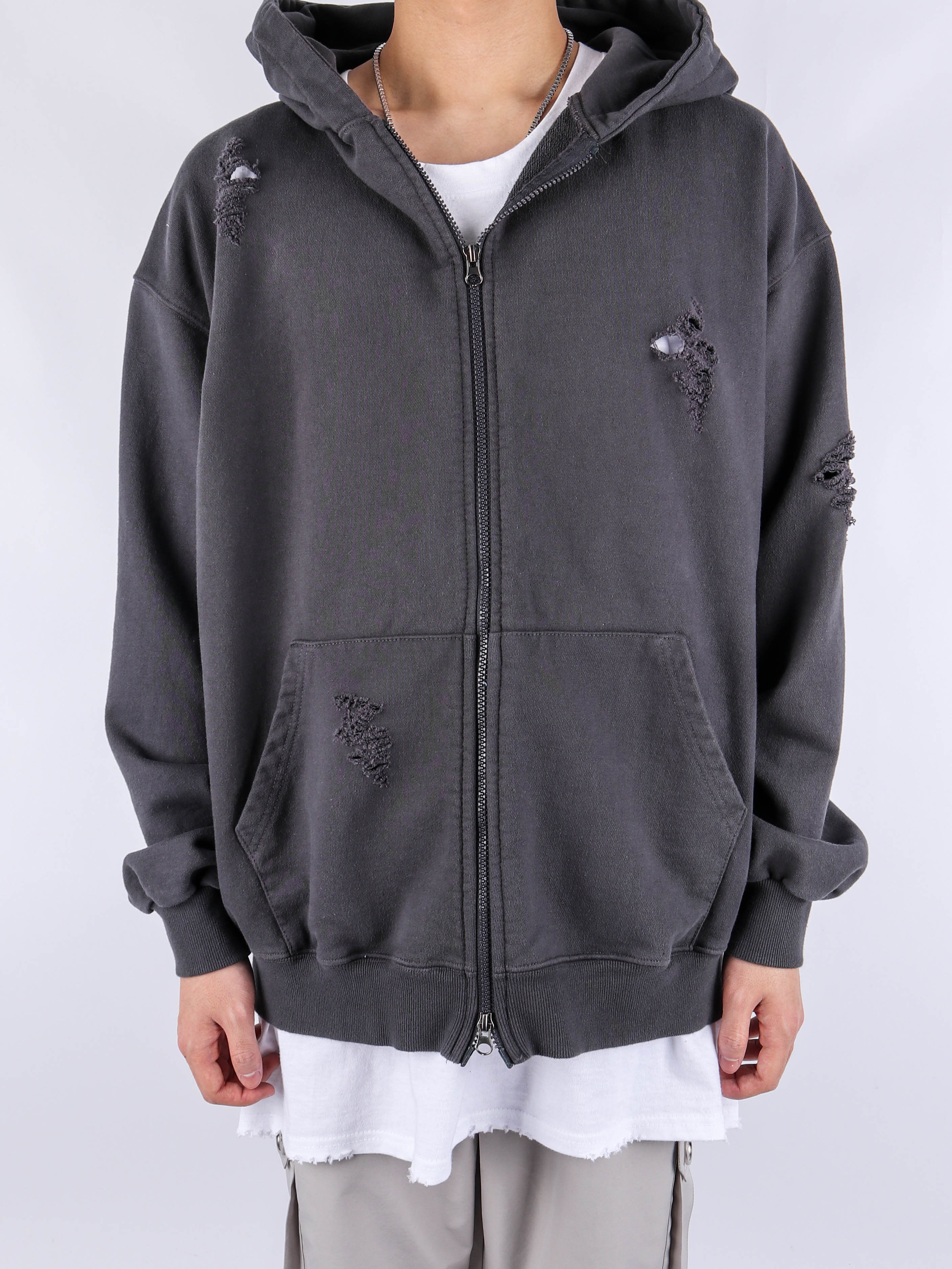 justyoung-RO Scratch Hood Zip-Up (2color)♡韓國男裝外套