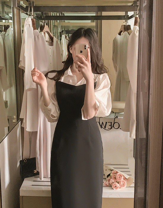 fromdayone-루아블랙 셔츠배색 롱원피스(H라인/하객룩)♡韓國女裝連身裙