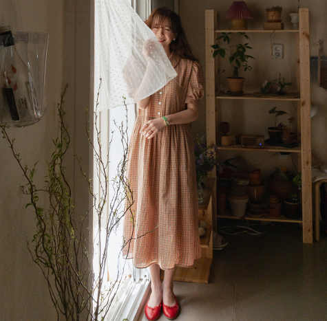 leelin-[[여행룩 모음 7%세일]MADE LIN[오렌지컬러] 러브체크 둥근카라 원피스[size:F,1]]♡韓國女裝連身裙