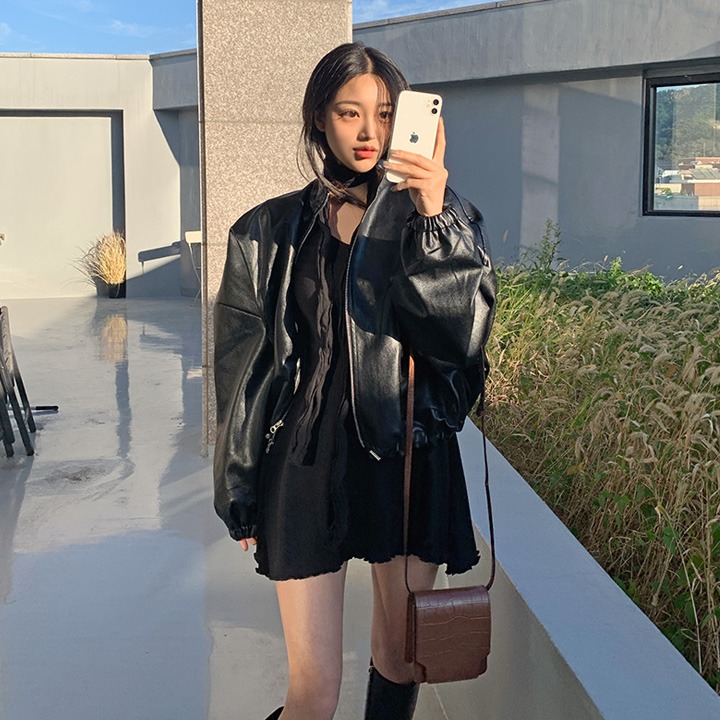 jnroh-(투웨이지퍼) 해즌 비건 레더 오버핏 블랙 크롭 점퍼♡韓國女裝外套