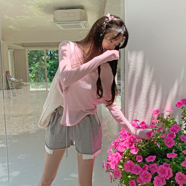 jnroh-디넛 썸머 시스루 여리핏 언발 긴팔 티셔츠 ( 아이보리,핑크,바이올렛,그레이,블랙)♡韓國女裝上衣