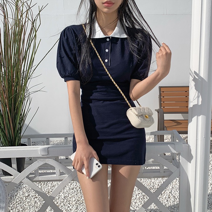 jnroh-뷰니 배색 카라 버튼 퍼프소매 PK 원피스 (아이보리,네이비)♡韓國女裝連身裙