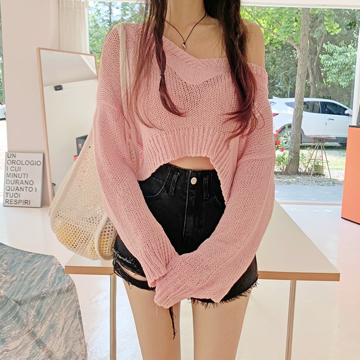 jnroh-베닌 썸머 브이넥 성글 시스루 루즈핏 크롭 니트 (아이보리,핑크,베이지,블랙)♡韓國女裝上衣