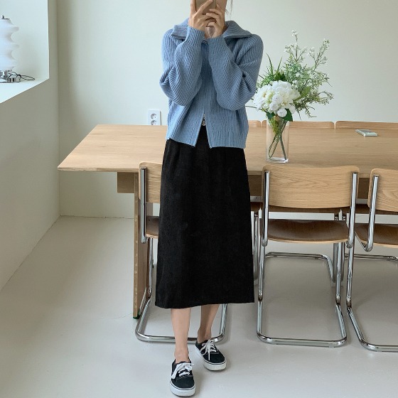 ggsing-코듀 뒷밴딩 롱 스커트 (뒷밴딩,밑단슬릿)♡韓國女裝裙