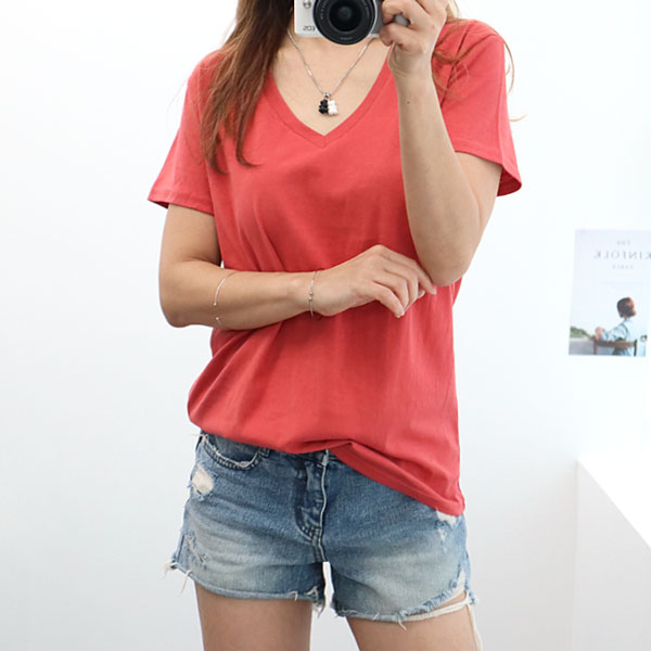 missylook-[여성 깊은 브이넥 반팔티 무지 흰색 레드 면티 여름 티셔츠]♡韓國女裝上衣