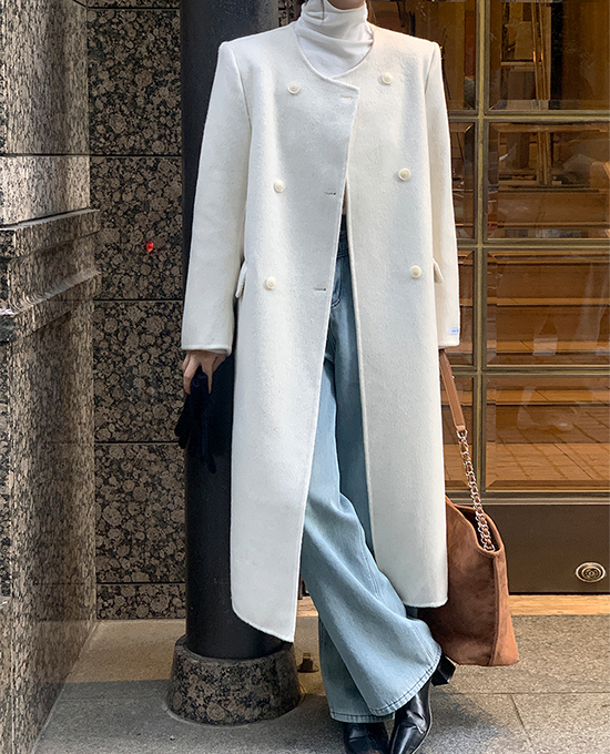 ellpe-[72시간,신상5%할인] 브어린 노카라 더블 핸드메이드 코트 (울 100%)-아이보리(울코트/롱코트/겨울코트/더블코트/노카라)♡韓國女裝外套