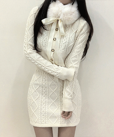 j_blin-당일발송[단독][가디건+스커트set]와기 퍼 카라 꽈배기 니트 투피스♡韓國女裝套裝