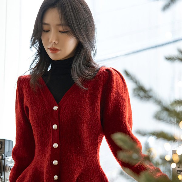 ode-스위티 퍼프 소매 페플럼 니트 가디건♡韓國女裝外套