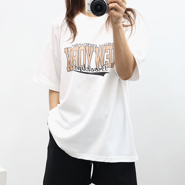 missylook-[여성 브루기 박스 반팔 면티 라운드 흰색 루즈핏 레터링 홈웨어 77 롱 티 티셔츠]♡韓國女裝上衣
