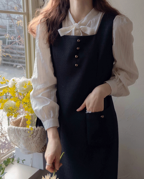 leelin - [[LABEL] 클로이스 슈버튼 엣지트임 콩단추 트위드 원피스[size:F(55~66)][입고지연 2/28 입고예정!]]♡韓國女裝連身裙