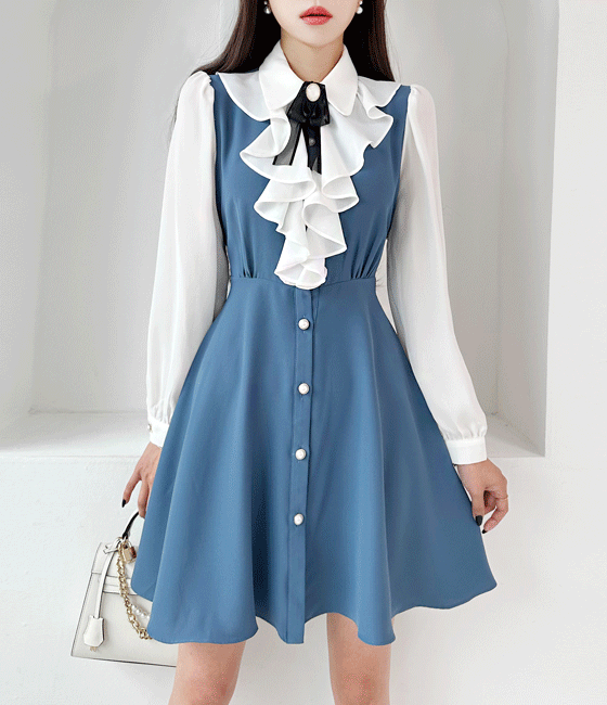 gumzzi - 포니 프릴 원피스 (브로치SET)♡韓國女裝連身裙