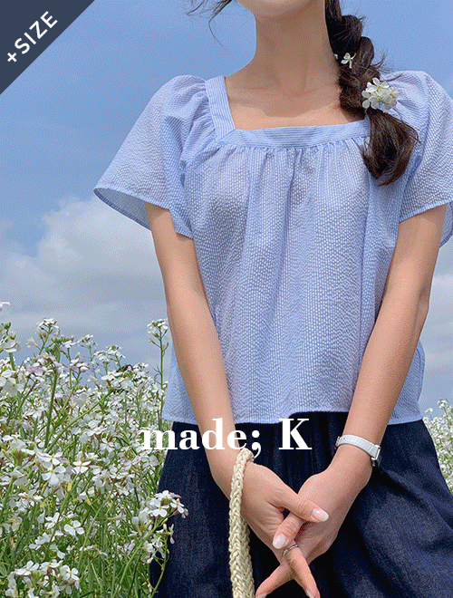 k-club - [자체제작]#여름 소피 시어서커 스퀘어넥 셔링 블라우스♡韓國女裝上衣