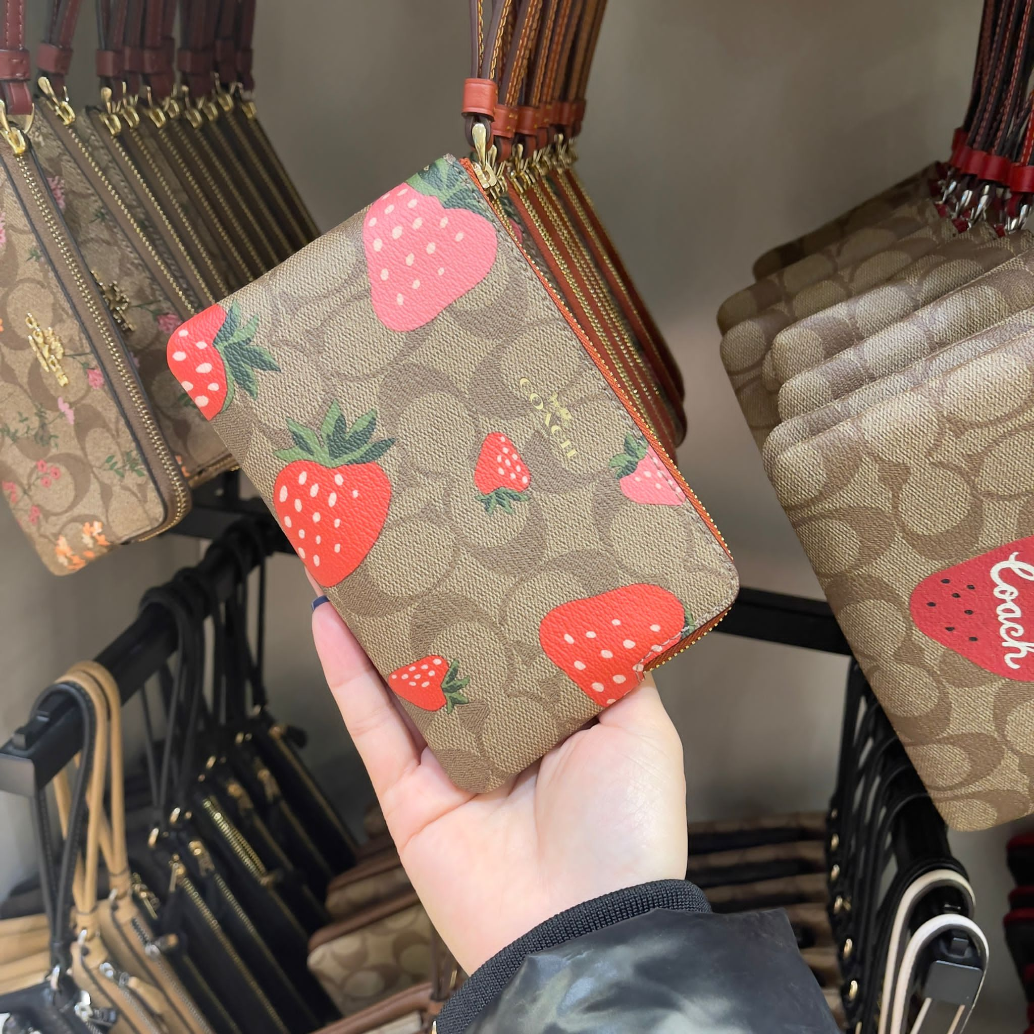 【加拿大空運直送】COACH Corner Zip Wristlet In Signature Canvas With Wild Strawberry Print