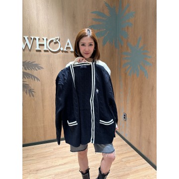 韓國直送 WHO.A.U -  Steve V-neck Tilden Cable Cardigan (NAVY)