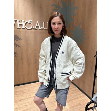 韓國直送 WHO.A.U -  Steve V-neck Tilden Cable Cardigan (IVORY)