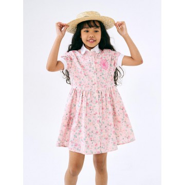 韓國MARDIMERCREDI - KIDS COTTON SHIRT DRESS HALF SLEEVE FLORAL_CORAL PINK