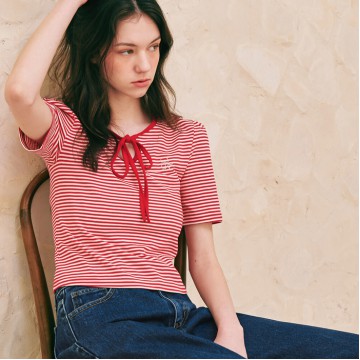 韓國RONRON - STRING RIBBON PUFF SLEEVE T-SHIRT RED STRIPE