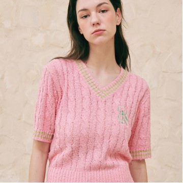 韓國RONRON - V NECK CABLE BOUCLE SHORT SLEEVE KNIT PINK