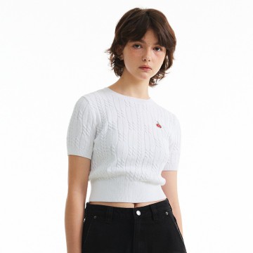 韓國KIRSH - SMALL CHERRY CABLE CROP SHORT SLEEVE KNIT [WHITE]