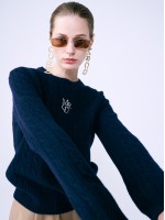 韓國MARDI MERCREDI - CASHMERE BLENDED CABLE CREW NECK MRCD (NAVY IVORY)