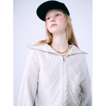 韓國MARDI MERCREDI - CASHMERE BLENDED CABLE HALF ZIP UP (IVORY)