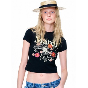 【韓國獨家限時優惠】韓國MARDI MERCREDI - CROPPED TSHIRT FLOWERMARDI BLOSSOM_BLACK CREAM