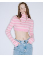 韓國MARDI MERCREDI - CASHMERE BLENDED CROPPED TURTLE NECK STRIPE (PEONY PINK)