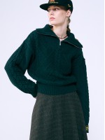 韓國MARDI MERCREDI - CASHMERE BLENDED CABLE HALF ZIP UP (DARKGREEN)