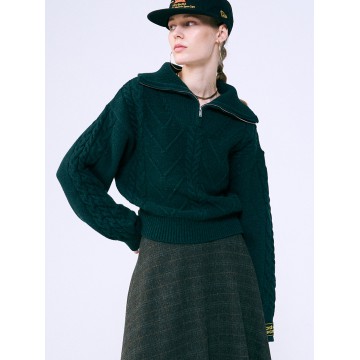 韓國MARDI MERCREDI - CASHMERE BLENDED CABLE HALF ZIP UP (DARKGREEN)