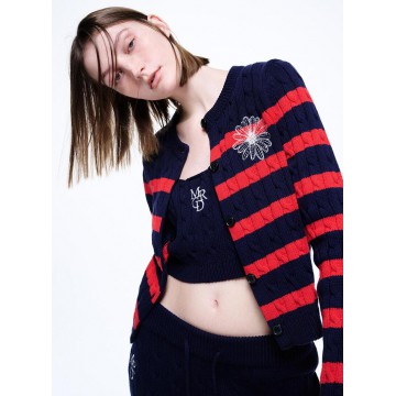 韓國MARDI MERCREDI - COTTON CARDIGAN ROUND NECK STRIPE (NAVY WHITE)