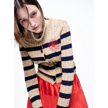 韓國MARDI MERCREDI - COTTON CARDIGAN ROUND NECK STRIPE (BEIGE RED)